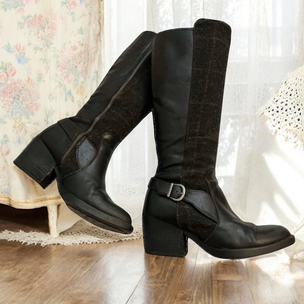 Born Black Leather & Plaid Wool Heeled Tall Rugged Equestrian Riding Boots 6